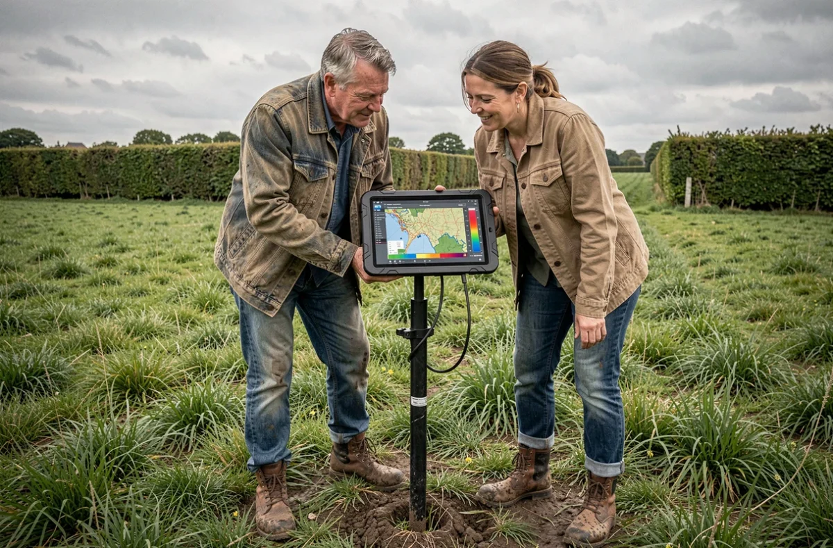 Agriculteurs bretons consultant une carte de données agronomiques sur tablette connectée dans un champ près de Rennes