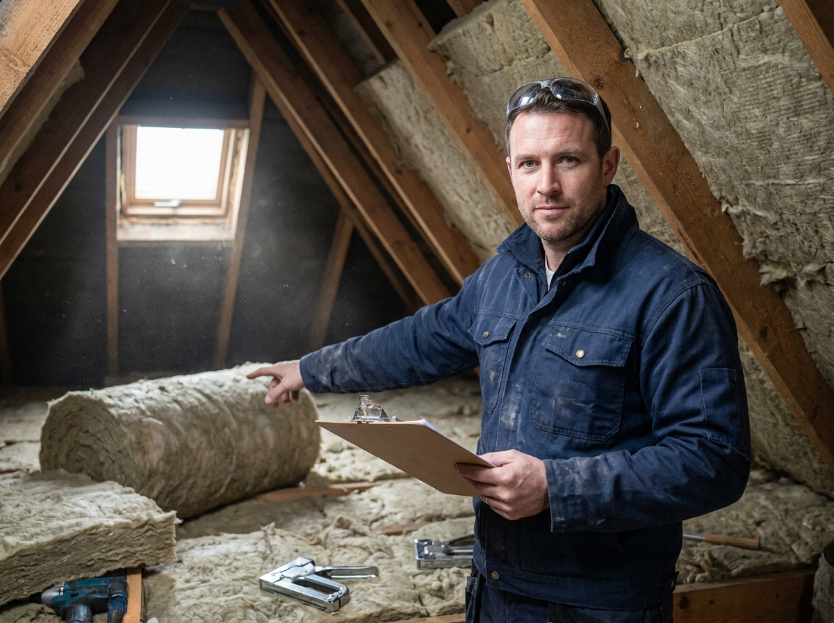 Artisan RGE installant de l'isolation thermique dans les combles d'une maison lors d'une rénovation éligible à la prime renov