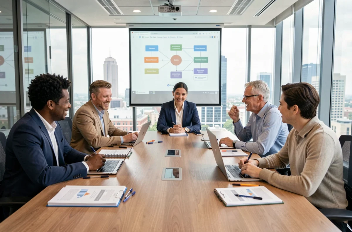 Groupe de professionnels participant à un atelier de coaching de carrière autour d'une table de conférence dans un bureau moderne avec vue sur la ville