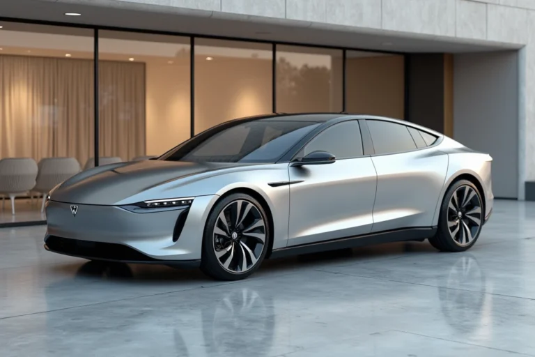 Berline électrique moderne exposée dans un showroom automobile minimaliste avec sol en béton poli