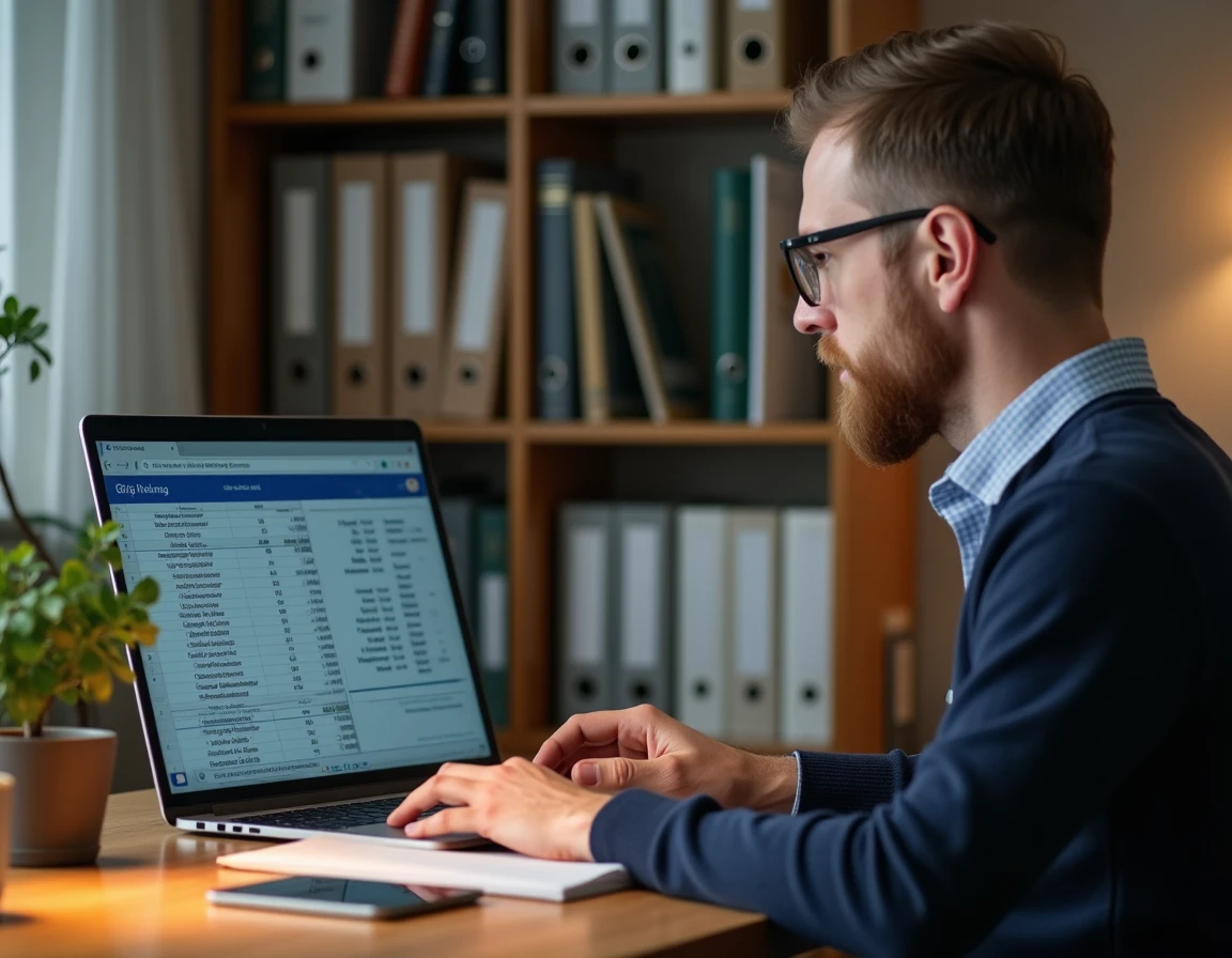 Homme calculant son salaire net sur un ordinateur avec un tableur de convention collective