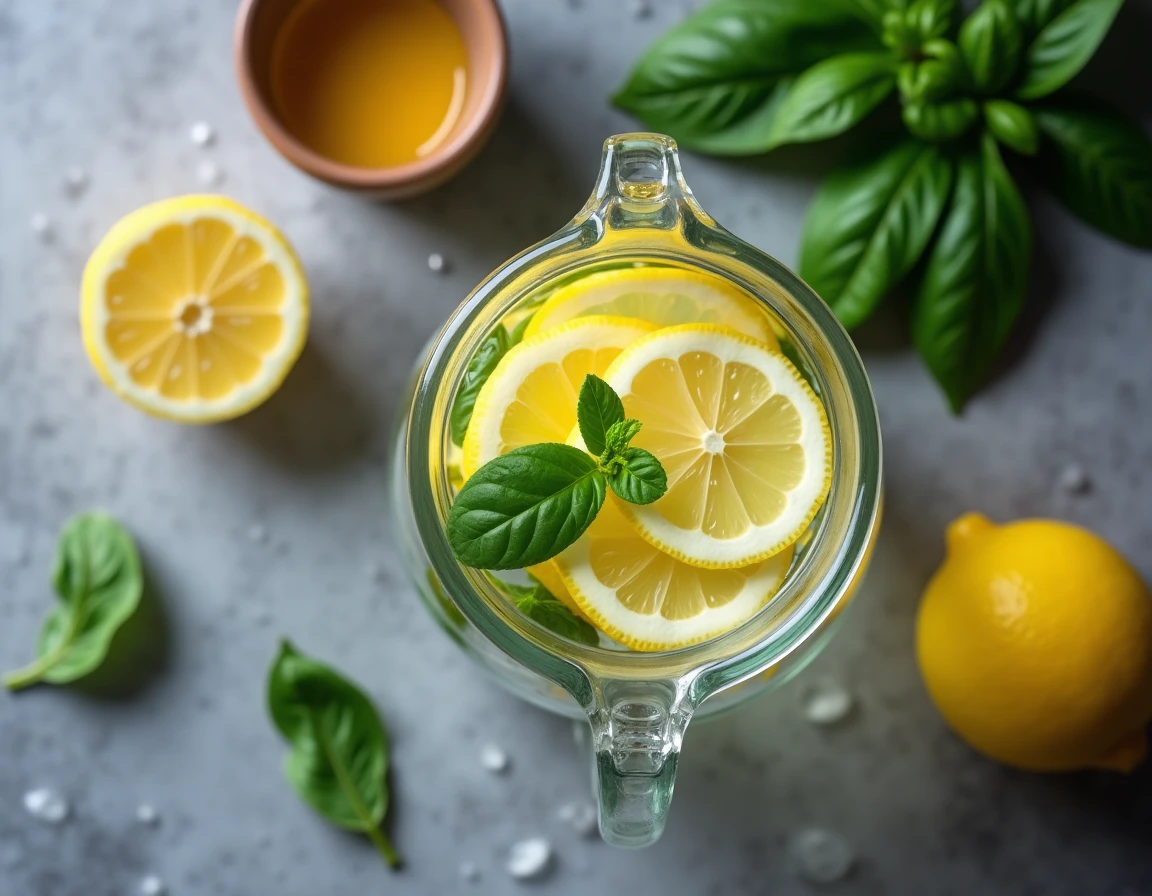 Carafe d'eau citronnée et citrons frais sur un comptoir en pierre pour illustrer le jeûne intermittent