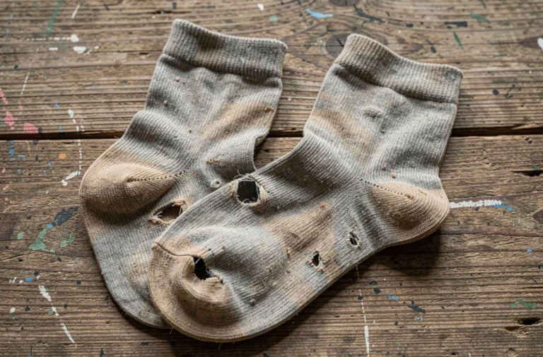 Paire de chaussettes usées avec trous et tissu pelucheux posées à plat sur une surface en bois, illustrant les signes d'usure typiques