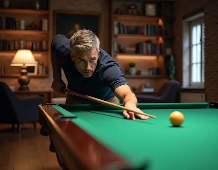 Homme mesurant l'espace autour d'un billard américain 9 pieds dans un salon moderne avec parquet et murs en brique