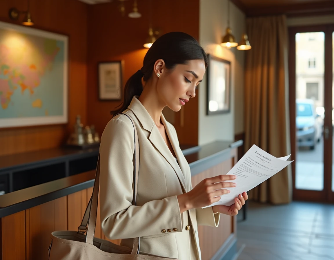 Voyageuse vérifiant sa réservation d'hébergement à la réception d'un hôtel boutique en France