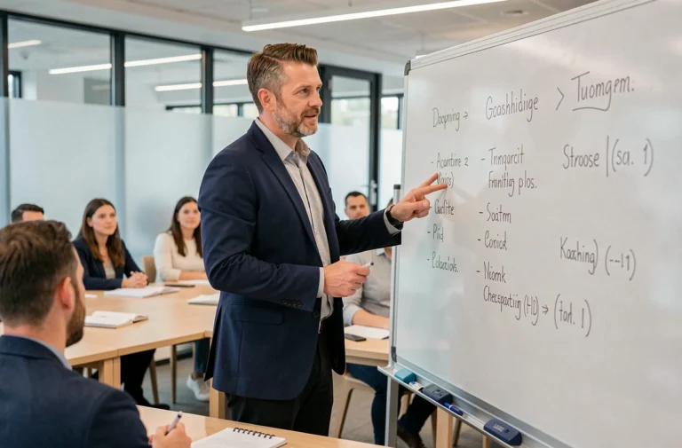 Coach professionnel animant une formation de développement de carrière devant un groupe de participants attentifs dans une salle moderne