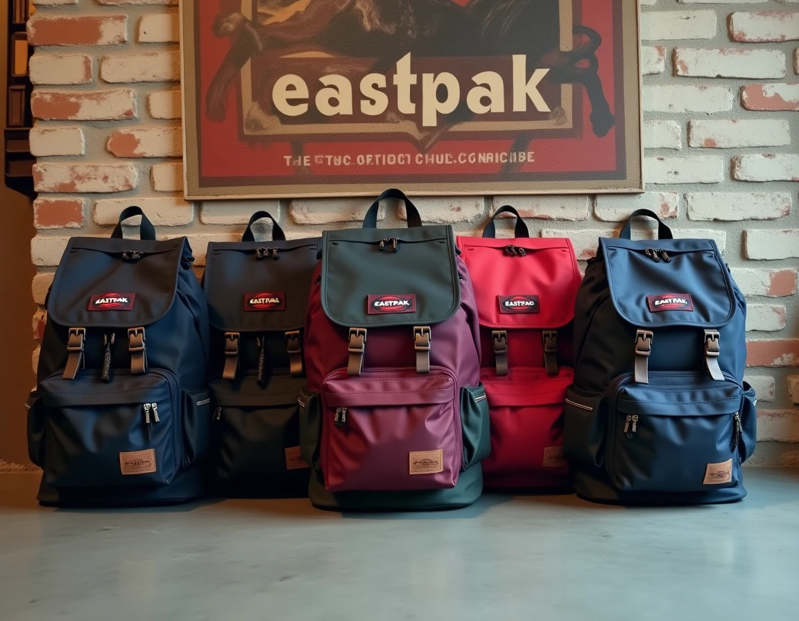 Collection de sacs à dos Eastpak de différentes générations et coloris disposés en flat lay dans un showroom patrimonial de la marque