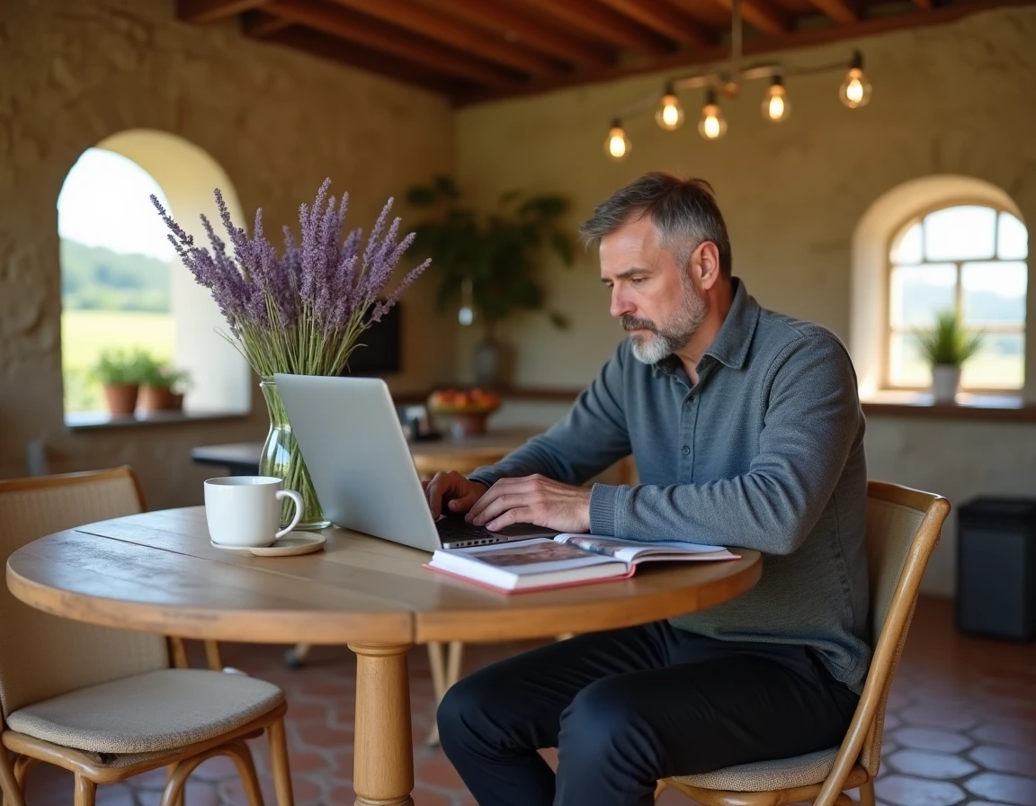 Homme consultant des avis d'hébergements en ligne dans un gîte rural provençal pour planifier son voyage