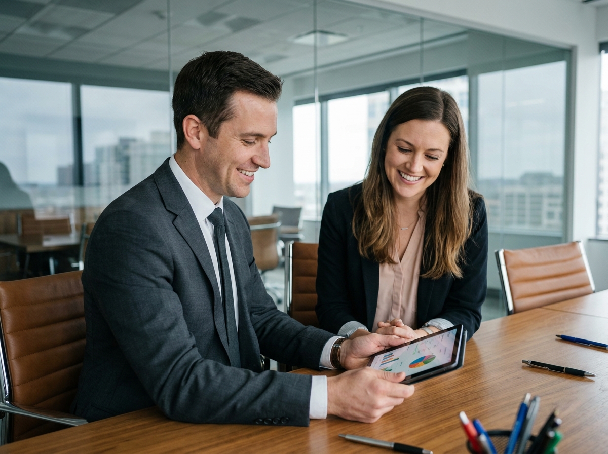 Banquier professionnel présentant un graphique sur tablette à une cliente