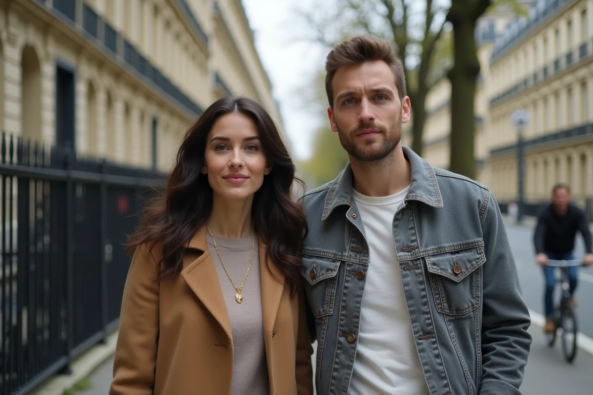 Couple discret se promenant sur un boulevard parisien en automne, évoquant une relation amoureuse préservée des regards médiatiques