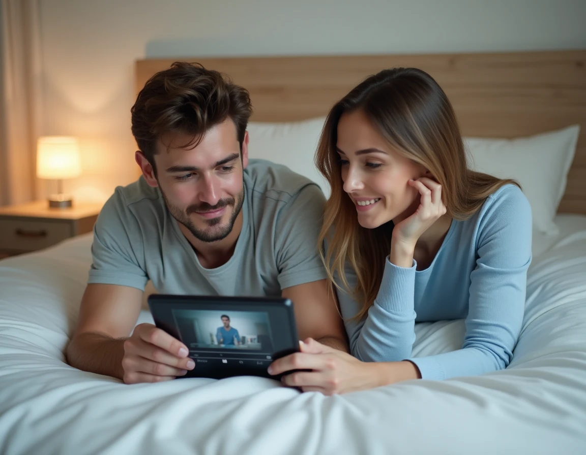 Couple regardant un film sur tablette dans leur chambre, exploration des meilleures alternatives à Wawacity pour télécharger et visionner des films légalement