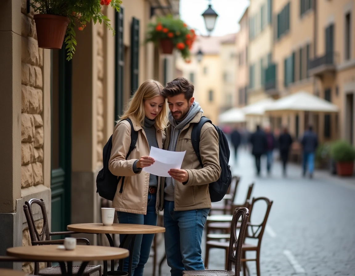 Couple consultant un itinéraire de voyage sur mesure dans un café en terrasse d'une rue européenne