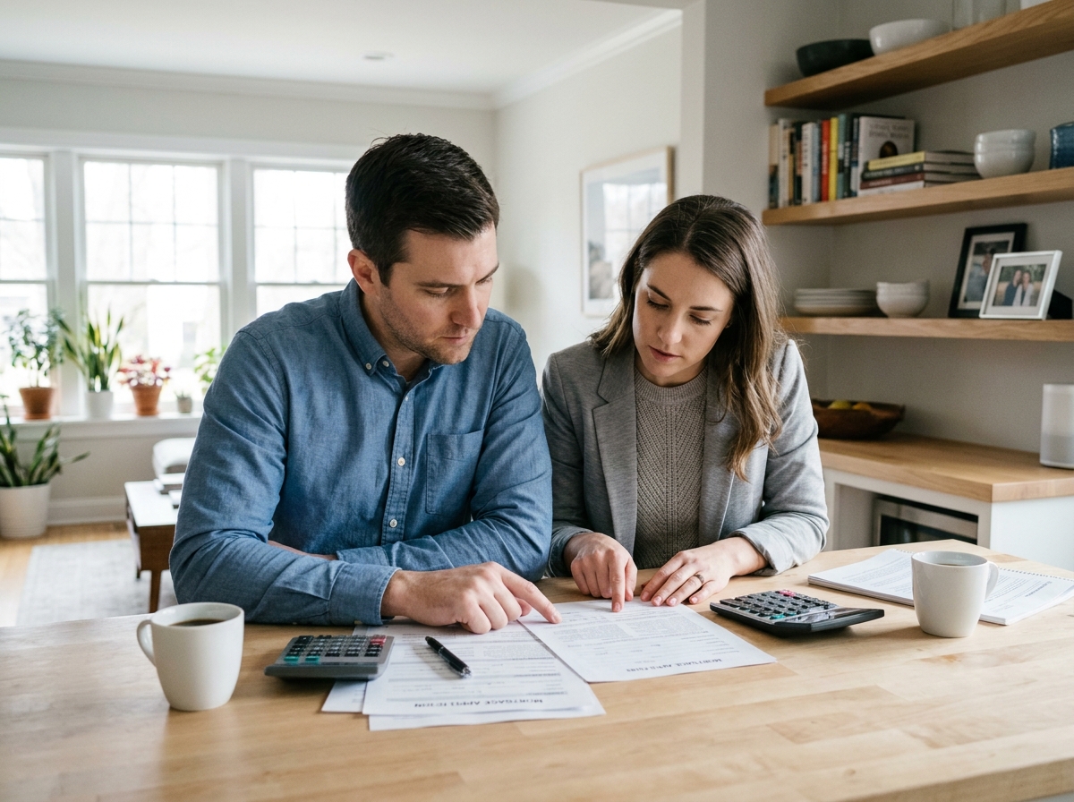 Couple en cuisine examinant des documents de prêt immobilier