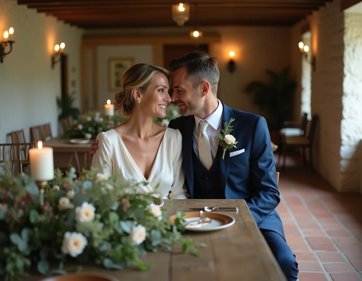 Couple marié partageant un moment intime dans une ferme française rénovée avec décoration florale rustique