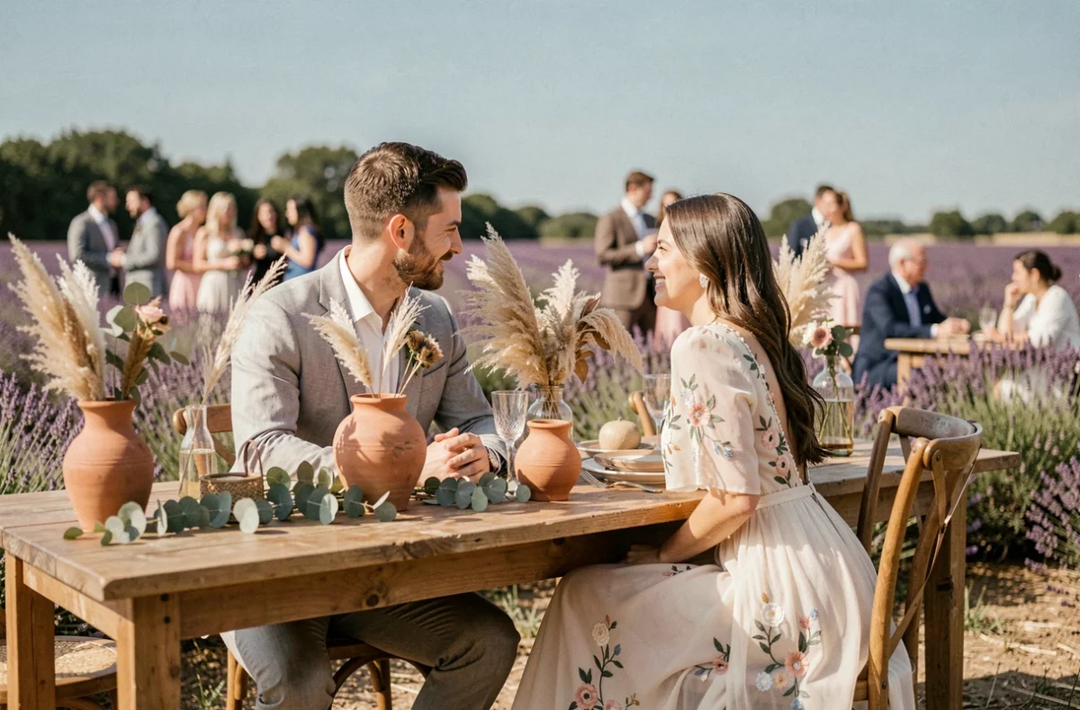 Couple de mariés bohèmes assis à une table en bois décorée en Provence, tendances décoration de mariage champêtre