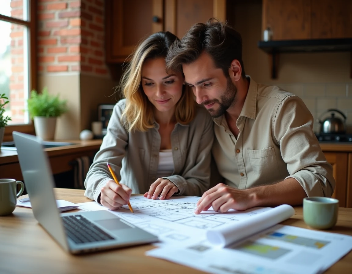 Couple planifiant des travaux de rénovation à domicile autour de plans d'architecte et d'échantillons de matériaux