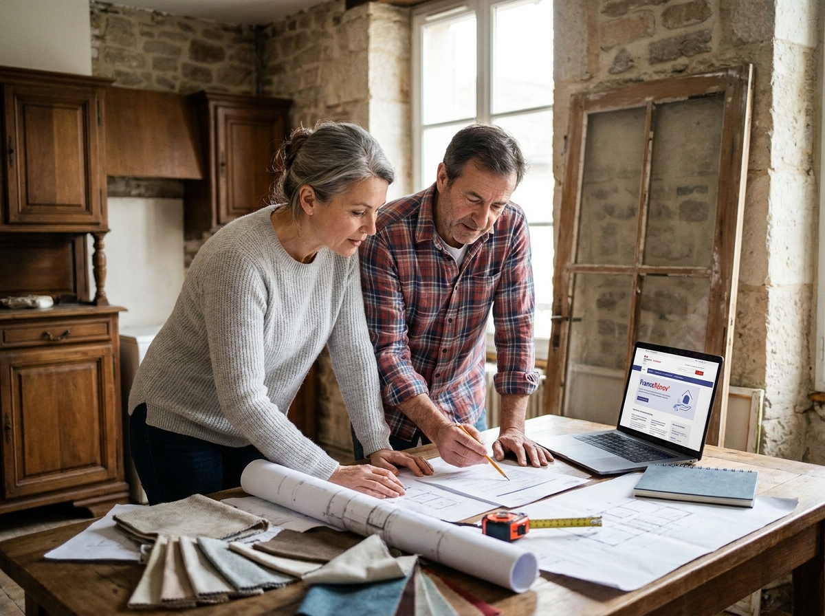 Couple examinant des documents de rénovation et un dossier de prime renov sur une table en bois dans un appartement en cours de rénovation