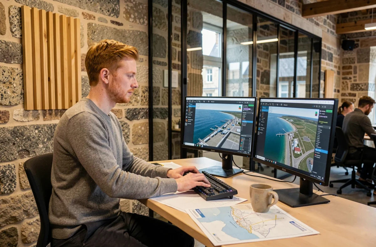 Développeur web breton travaillant sur une interface de cartographie côtière dans un espace de coworking à Saint-Malo