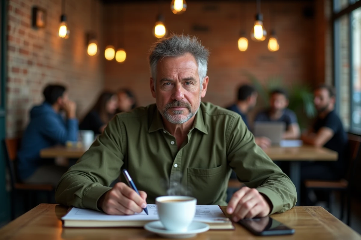Entrepreneur masculin prenant des notes dans un café urbain avec un carnet et une application de tableau de bord business sur smartphone