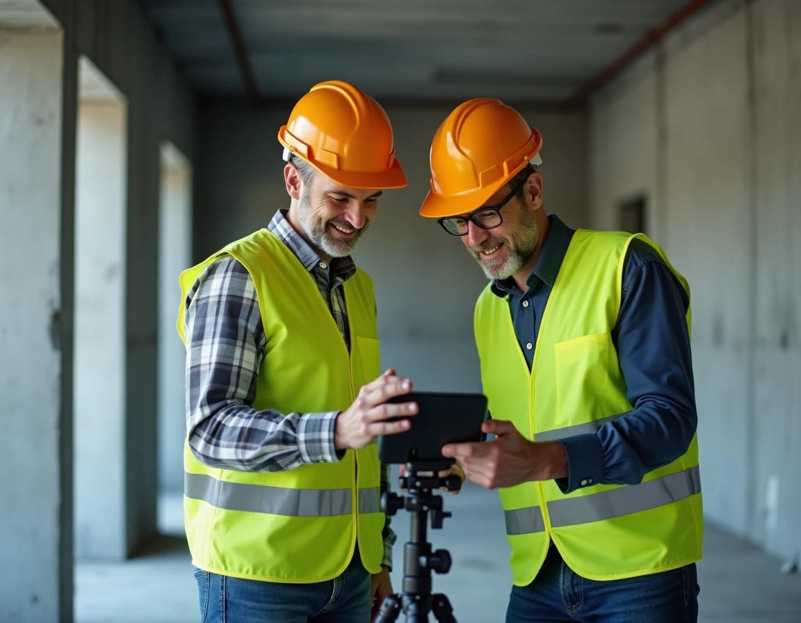 Deux ouvriers BTP consultant un plan de construction numérique sur smartphone en intérieur