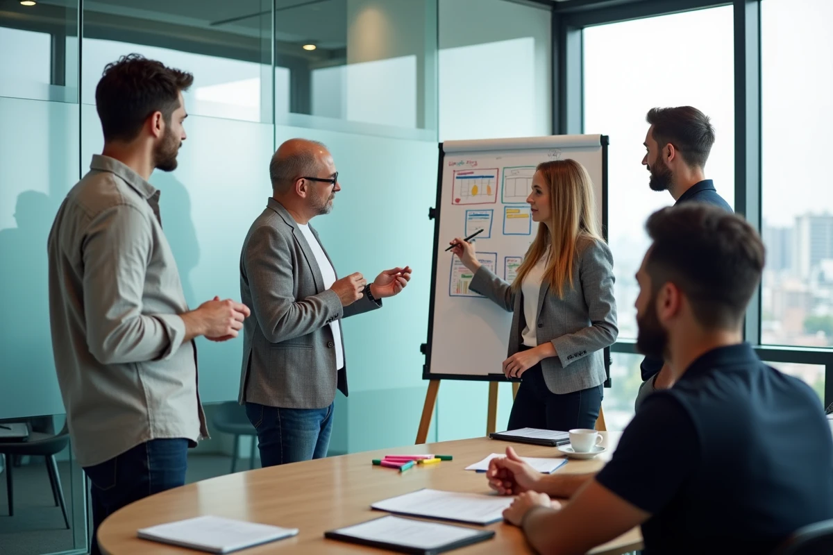 Équipe de trois entrepreneurs en réunion stratégique devant un tableau blanc dans une startup avec vue sur la ville
