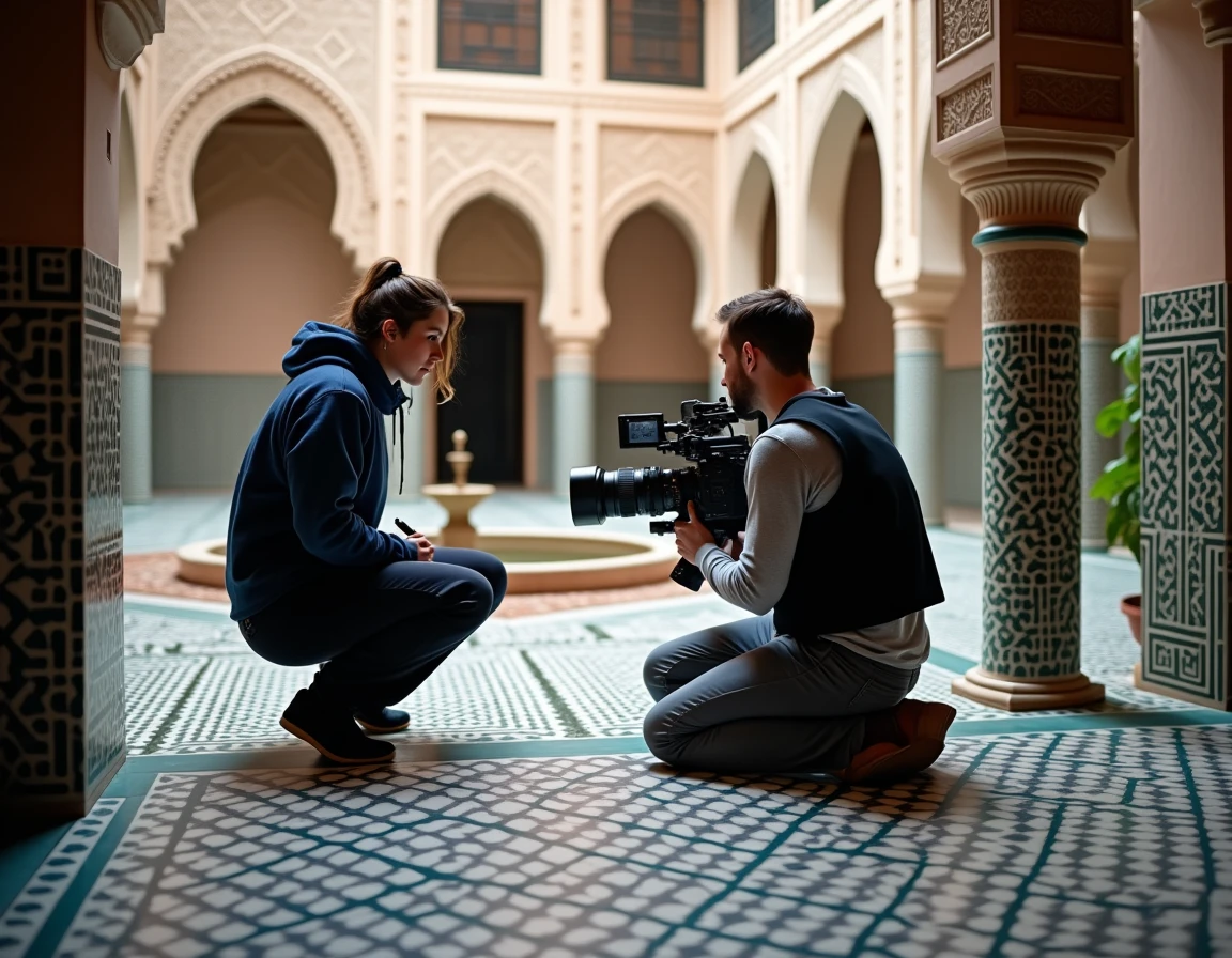 Équipe de tournage installée dans un riad marocain orné de zellige, recréant les décors de la série Homeland
