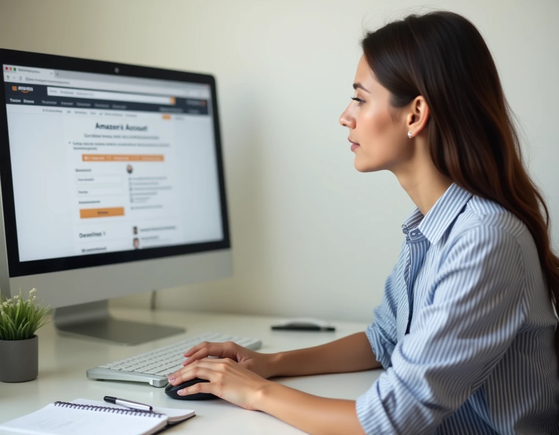 Jeune femme lisant les étapes pour annuler Amazon Prime sur un ordinateur de bureau avec des notes manuscrites