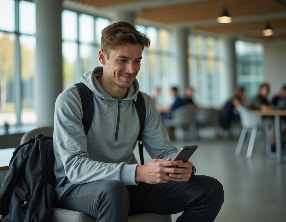 Étudiant consultant l'ENT Angers Université sur son smartphone dans un espace commun du campus