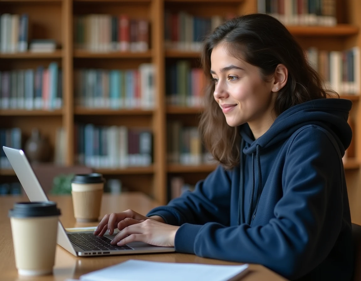 Étudiante connectée à l'ENT de l'Université d'Angers sur son ordinateur portable dans une bibliothèque universitaire