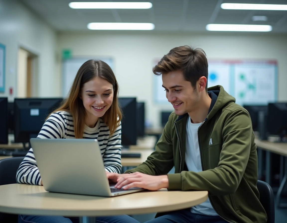 Deux étudiants utilisant ensemble l'ENT de l'Université d'Angers dans une salle informatique universitaire
