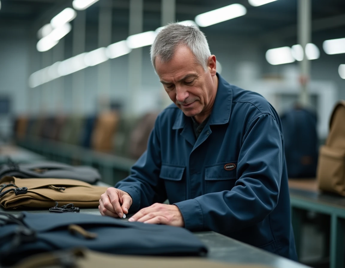 Ouvrier inspectant un sac Eastpak sur une chaîne de production industrielle, illustrant le processus de fabrication de la marque