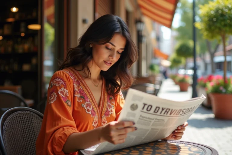 Femme hispanique lisant un journal à une terrasse de café à Madrid, tendances culturelles du monde hispanophone