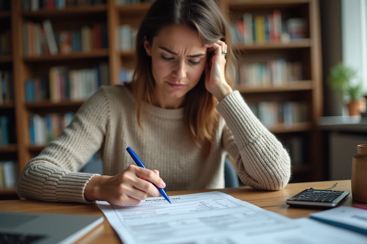 Femme consultant sa déclaration d'impôt avec la case 7DB grisée, perplexe devant le formulaire fiscal