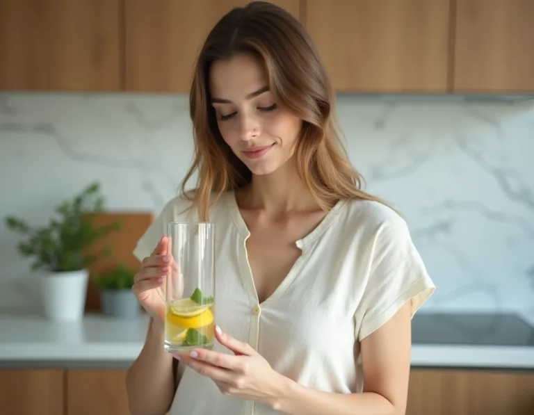 Femme tenant un verre d'eau citronnée pendant le jeûne intermittent dans une cuisine moderne