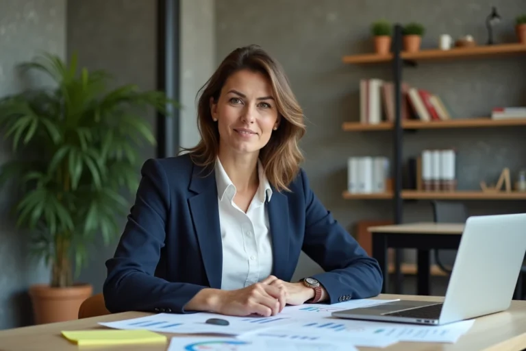 Femme entrepreneur en blazer marine travaillant sur un plan d'affaires dans un espace de coworking moderne en 2024