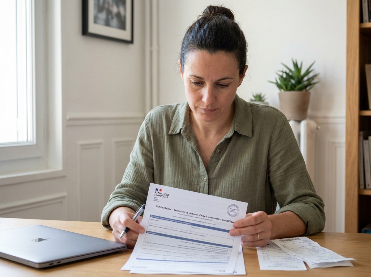 Femme remplissant un formulaire de demande de prime renov à son bureau à domicile pour financer des travaux de rénovation énergétique