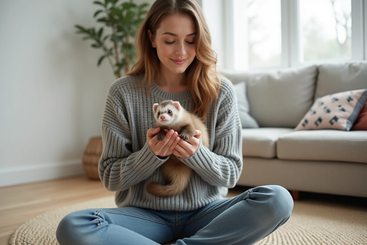Jeune femme tenant affectueusement un furet dans ses mains dans un salon minimaliste de style scandinave