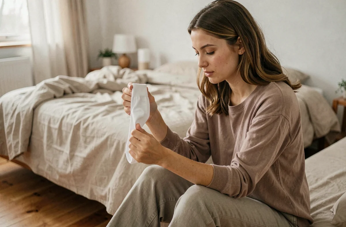 Jeune femme assise sur son lit inspectant une chaussette blanche usée pour décider si elle doit être jetée