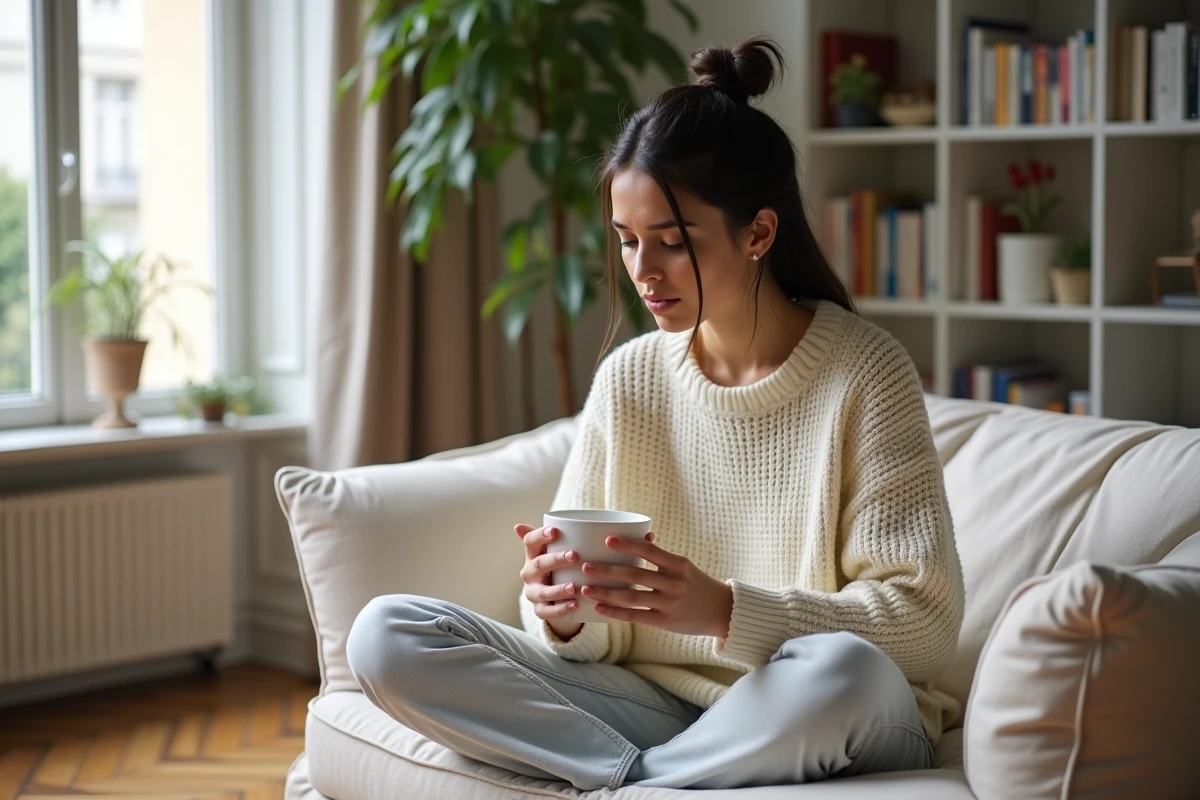 Femme médiatique dans un moment intimiste chez elle, tenant une tasse dans un appartement parisien moderne, illustrant la discrétion de sa vie personnelle