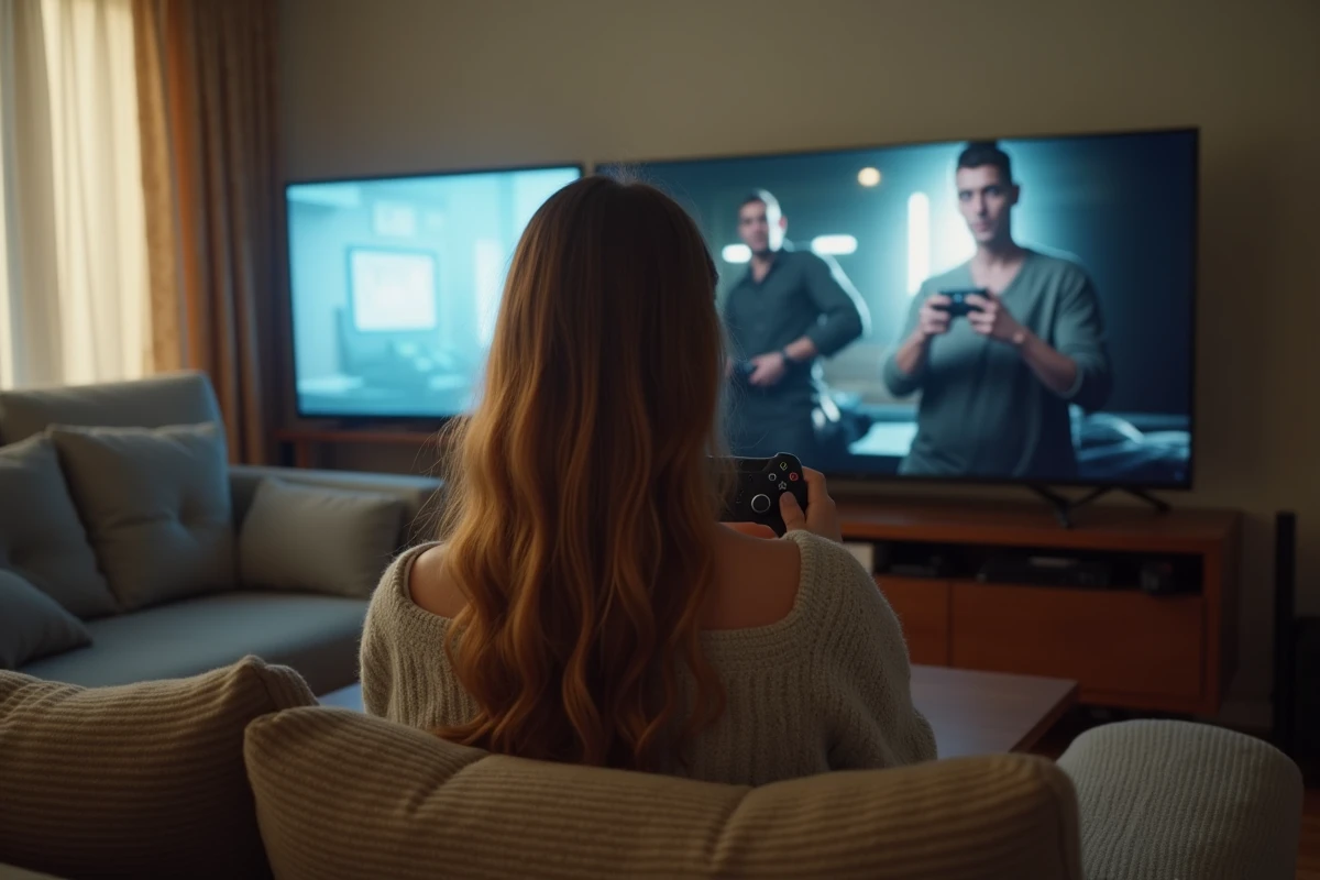 Femme utilisant une manette de jeu face à un écran de chargement bloqué sur Call of Duty
