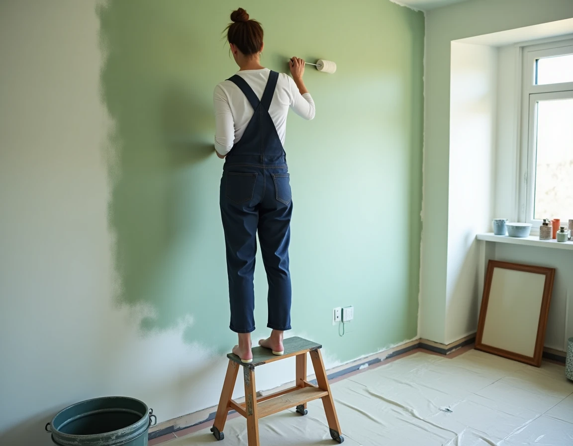 Femme peignant un mur en vert sauge sur un escabeau lors de travaux de peinture intérieure à domicile