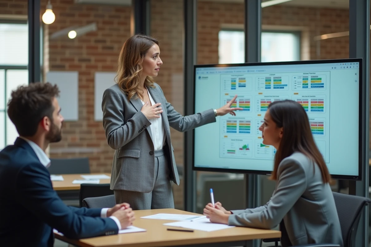 Femme expliquant un diagramme ERP dans un bureau lumineux