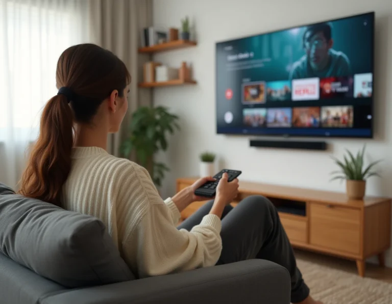 Jeune femme regardant un service de streaming sur sa télévision depuis son canapé, alternative légale à Wawacity pour visionner des films en ligne
