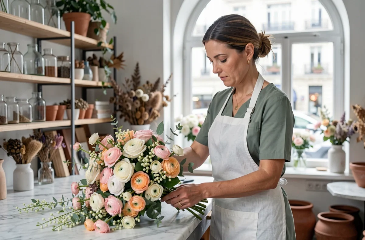 Fleuriste professionnelle composant un bouquet de mariée dans un atelier floral parisien, tendances fleurs de mariage