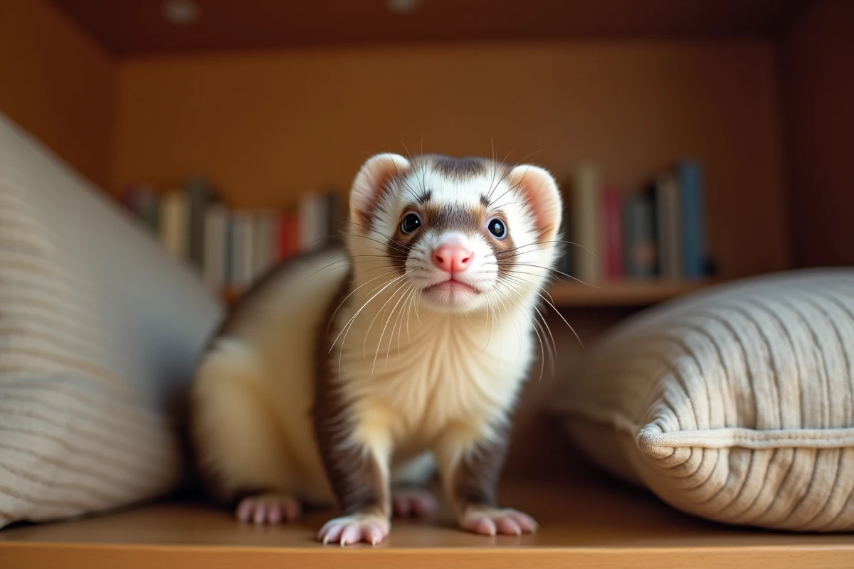 Furet domestique blanc et brun au regard curieux posé sur une étagère en bois dans un intérieur chaleureux