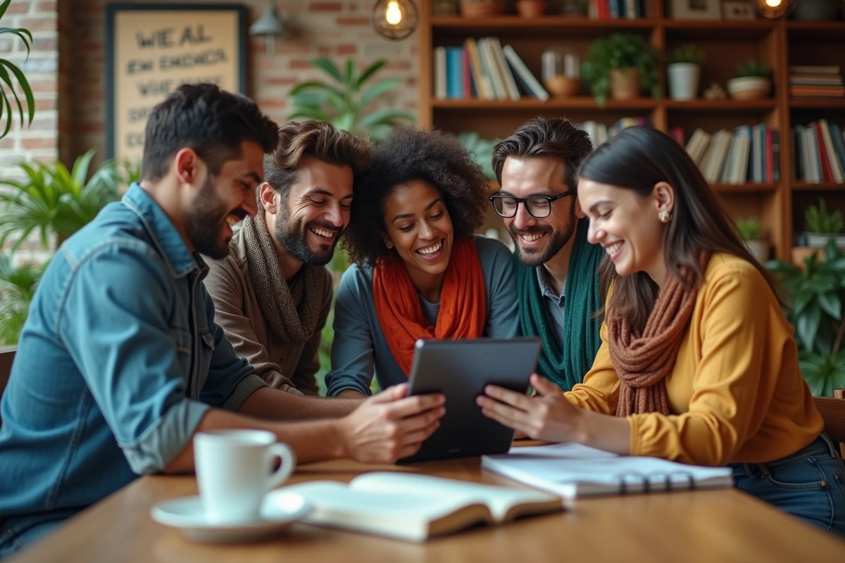 Groupe de jeunes professionnels latino-américains discutant des tendances culturelles hispanophones dans un espace de coworking à Buenos Aires