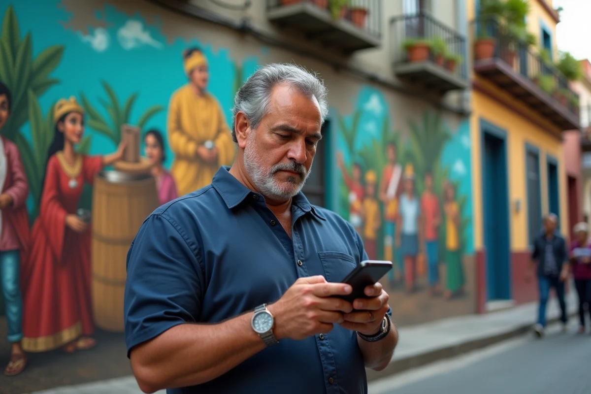 Homme mature consultant les actualités hispanophones sur son smartphone devant une fresque murale colorée dans le quartier Roma de Mexico
