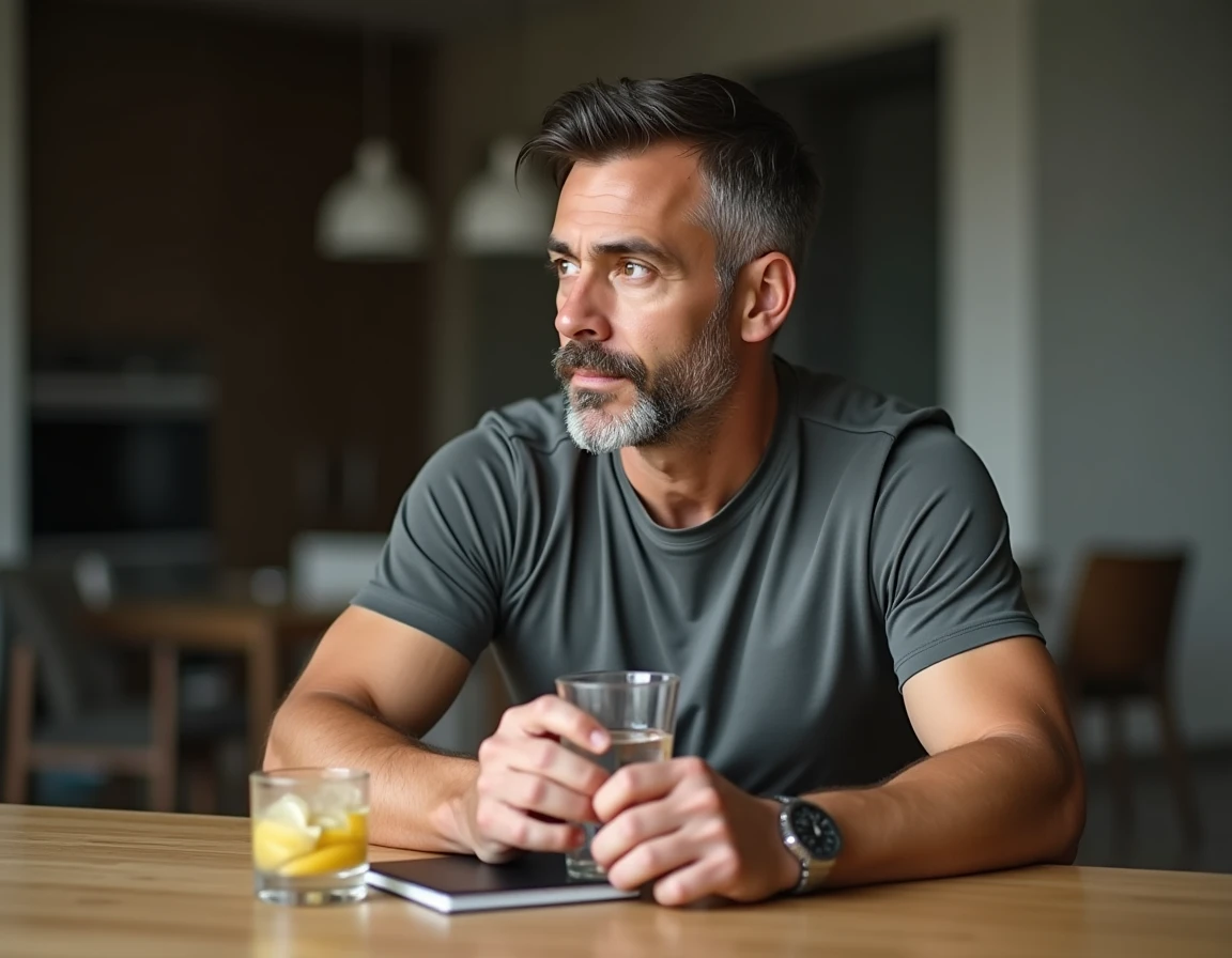 Homme observant son jeûne intermittent avec un verre d'eau citronnée sur une table en bois