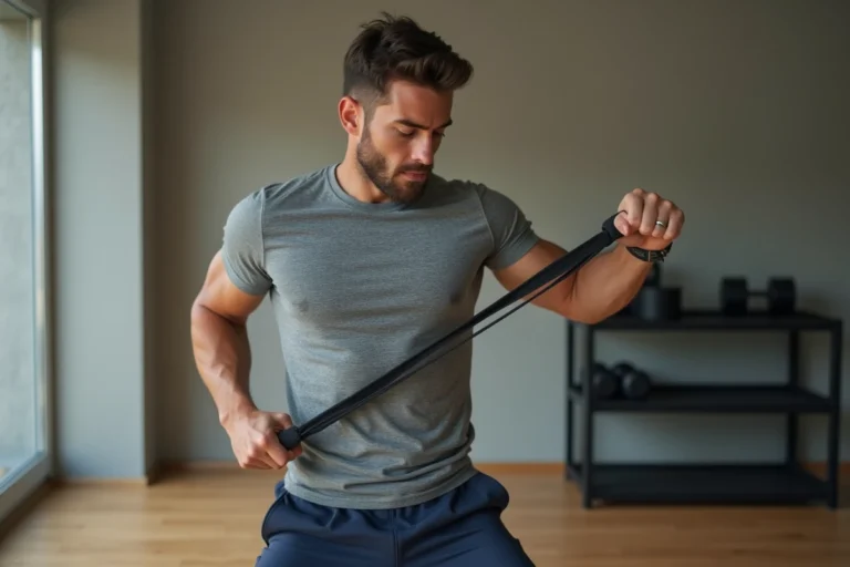 Homme musclé faisant un développé couché avec bande de résistance