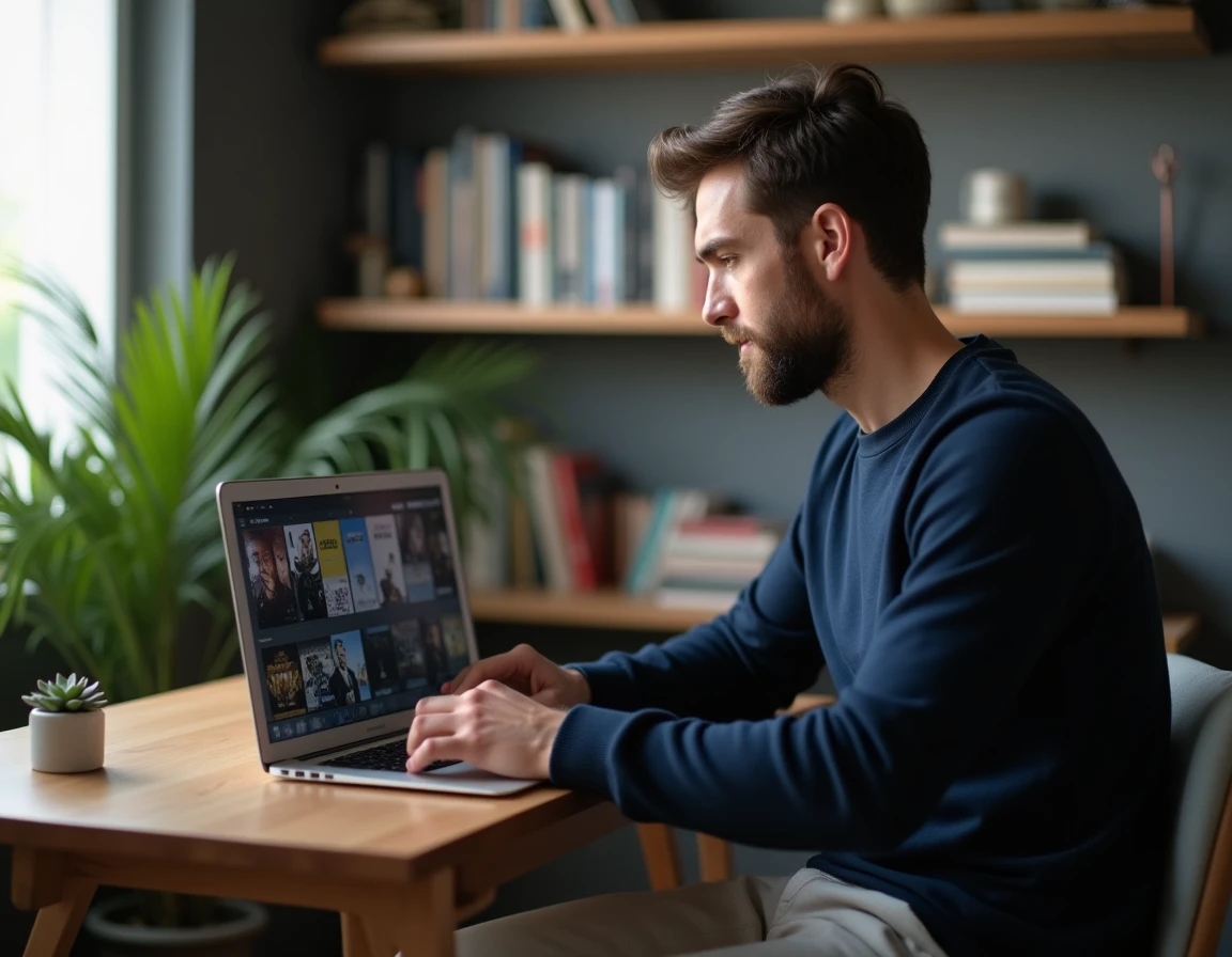 Homme recherchant des films sur son ordinateur portable, découverte des meilleures plateformes alternatives à Wawacity pour regarder des films